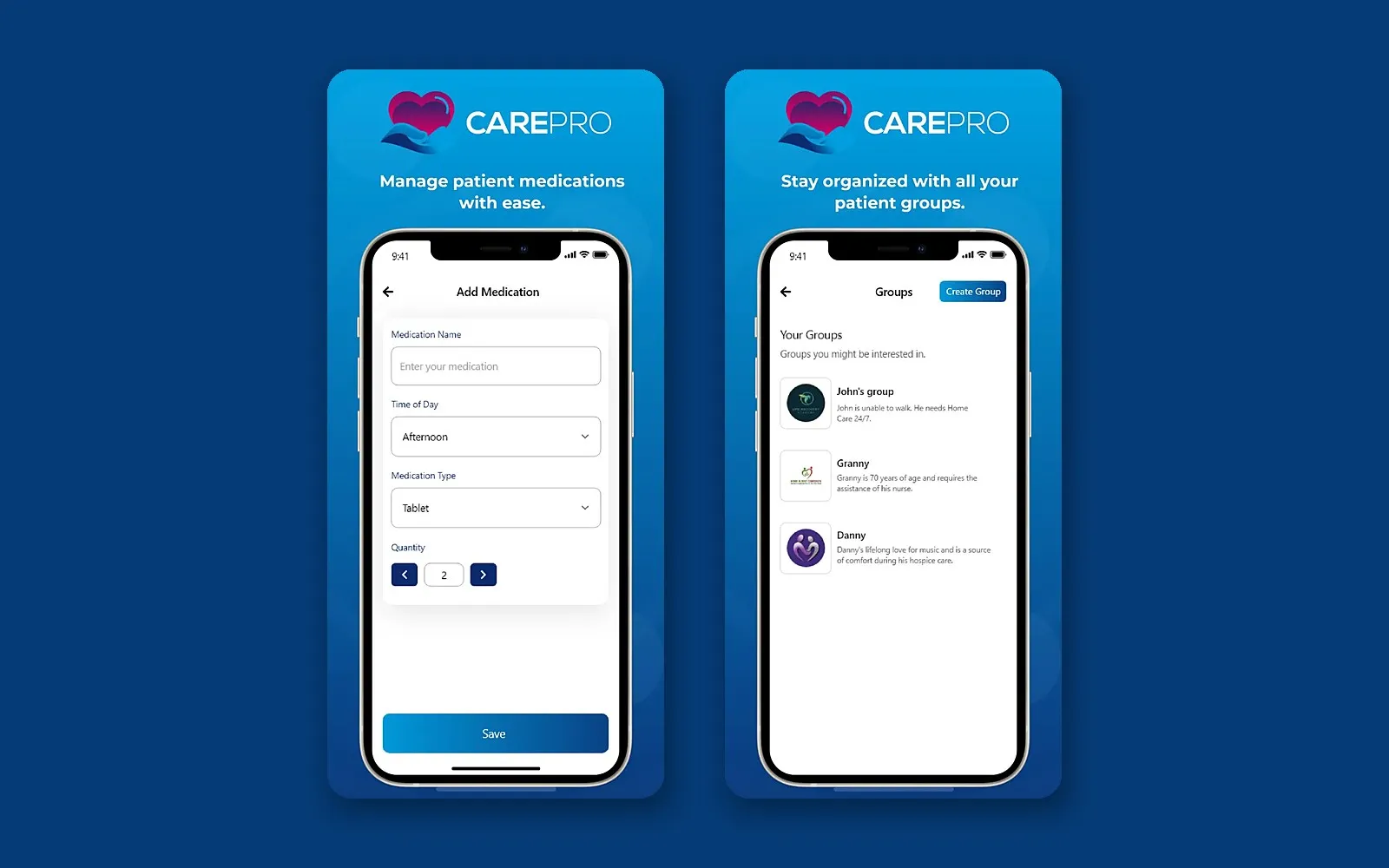 CarePro app screens: adding a medication, and the patient groups list