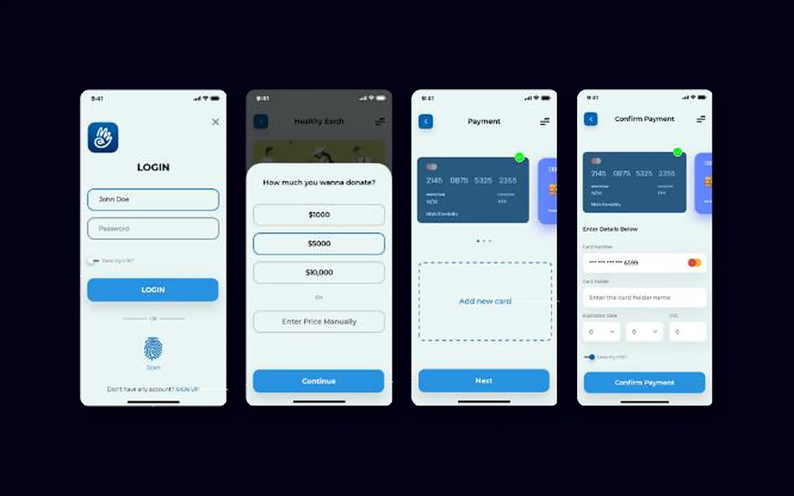 In Need app screens: sign-in, choosing a donation amount, and payment